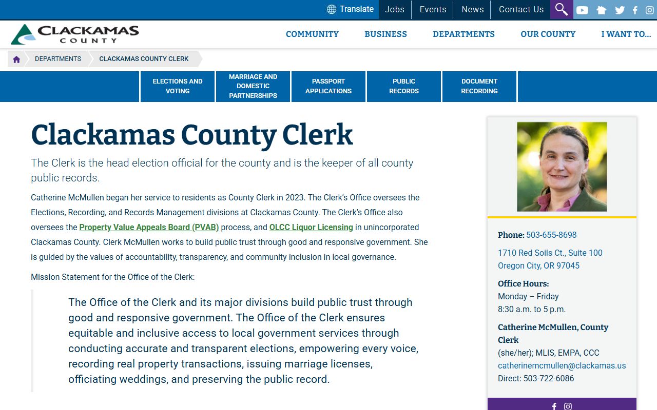Clackamas County Clerk website for marriage license services