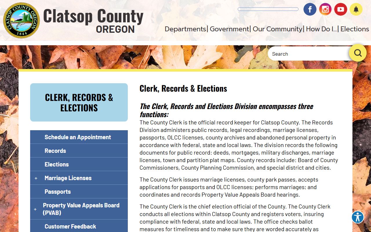Clatsop County Clerk page for marriage license information