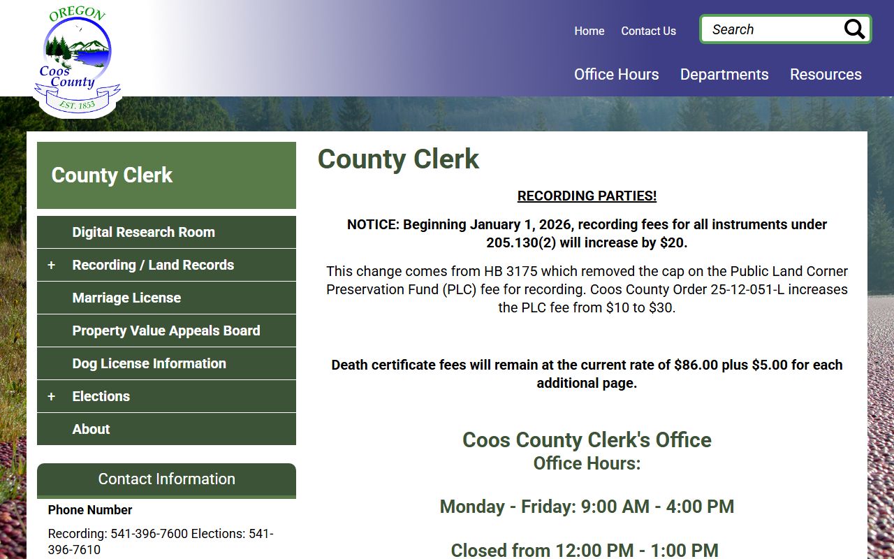 Coos County Clerk page for marriage license services