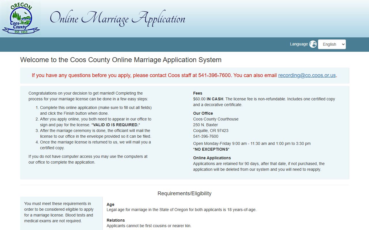 Coos County online marriage application portal