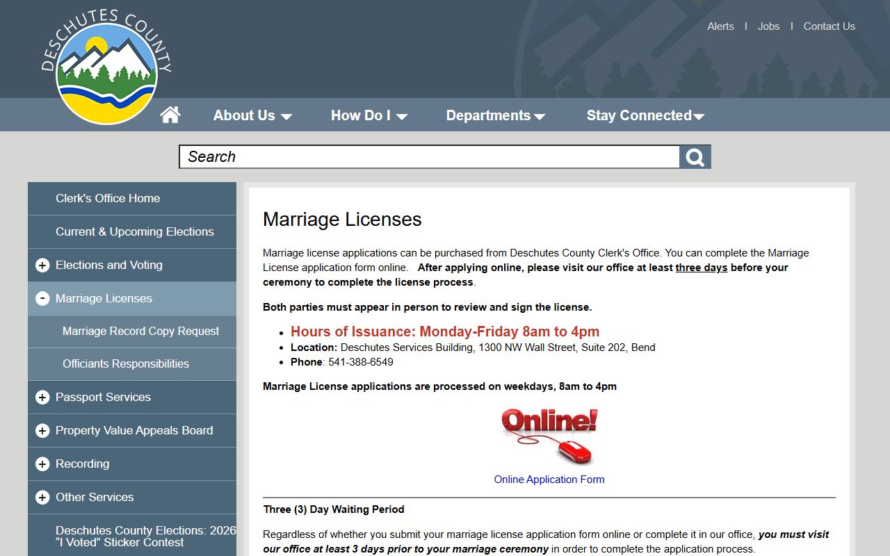 Deschutes County marriage license application page