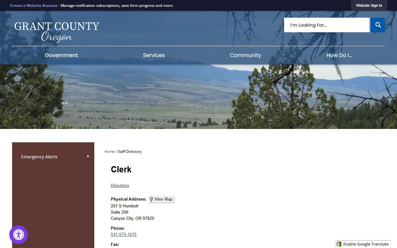Grant County Clerk directory page for marriage license