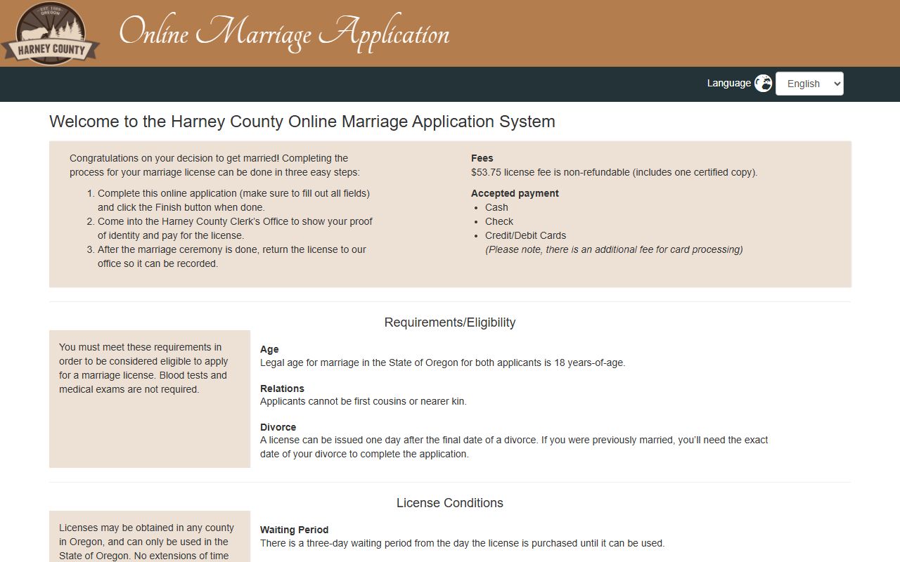 Harney County marriage license online application