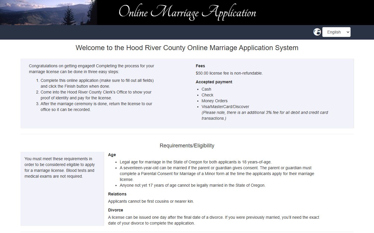 Hood River County online marriage license application