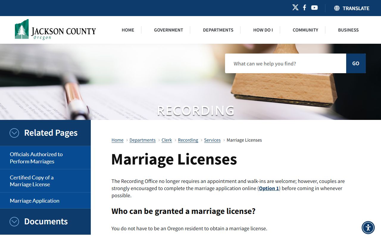 Jackson County marriage license information page