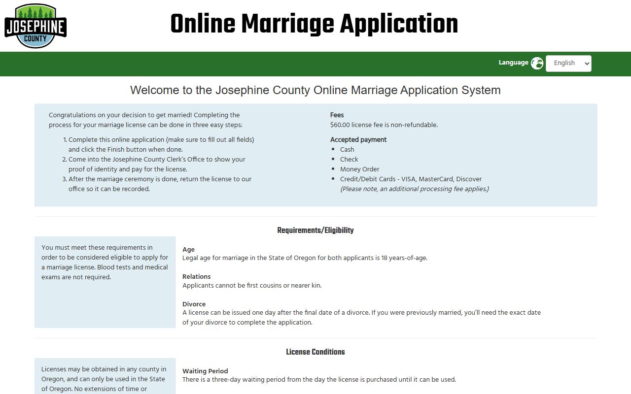 Josephine County online marriage license application
