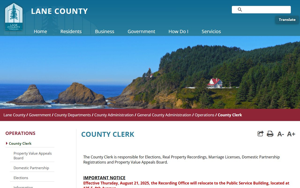 Lane County Clerk page for marriage license services
