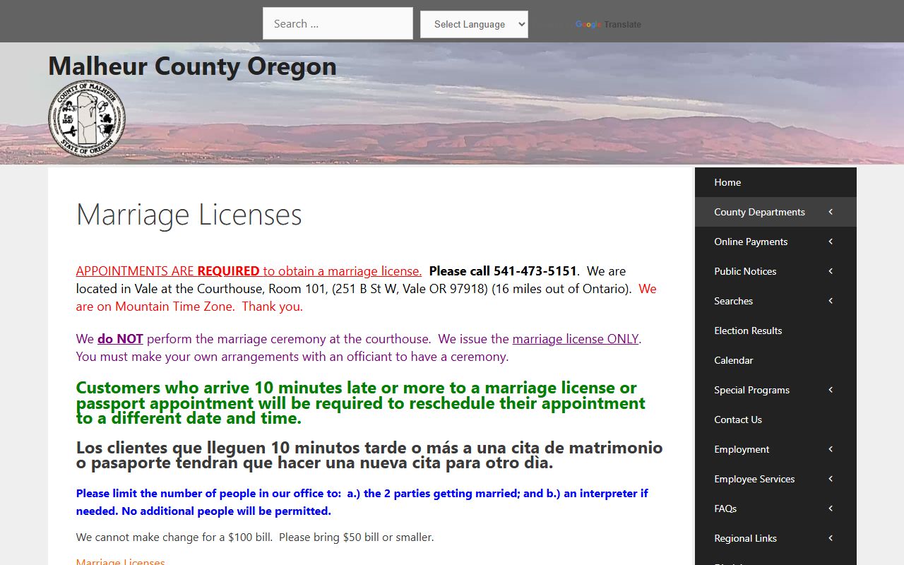 Malheur County Clerk marriage license page with forms and fees