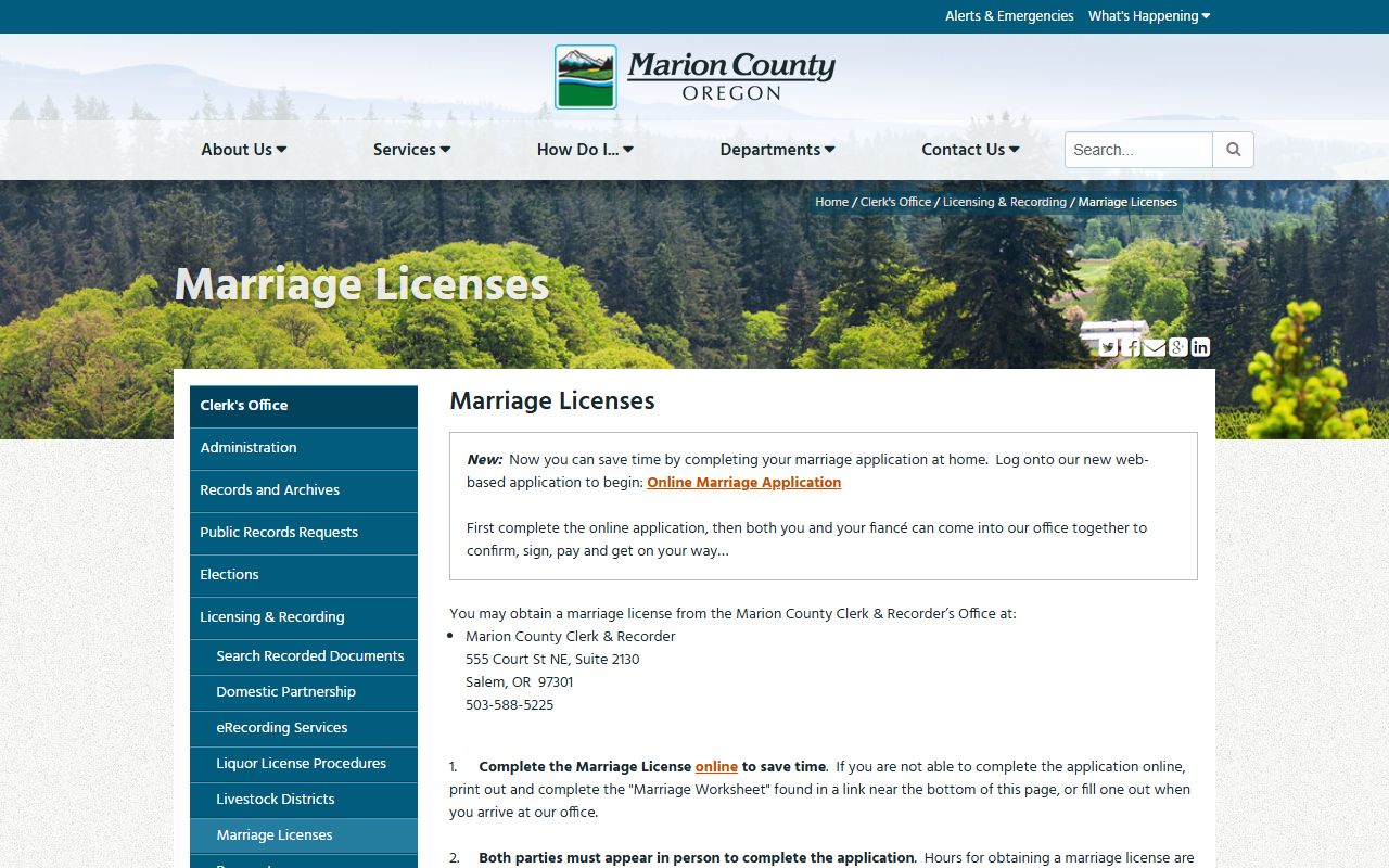 Salem Marion County marriage license records page