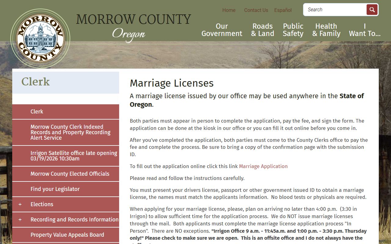 Morrow County marriage license page on the clerk website