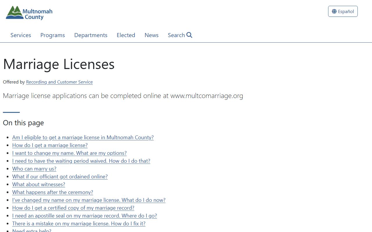 Multnomah County marriage license information page