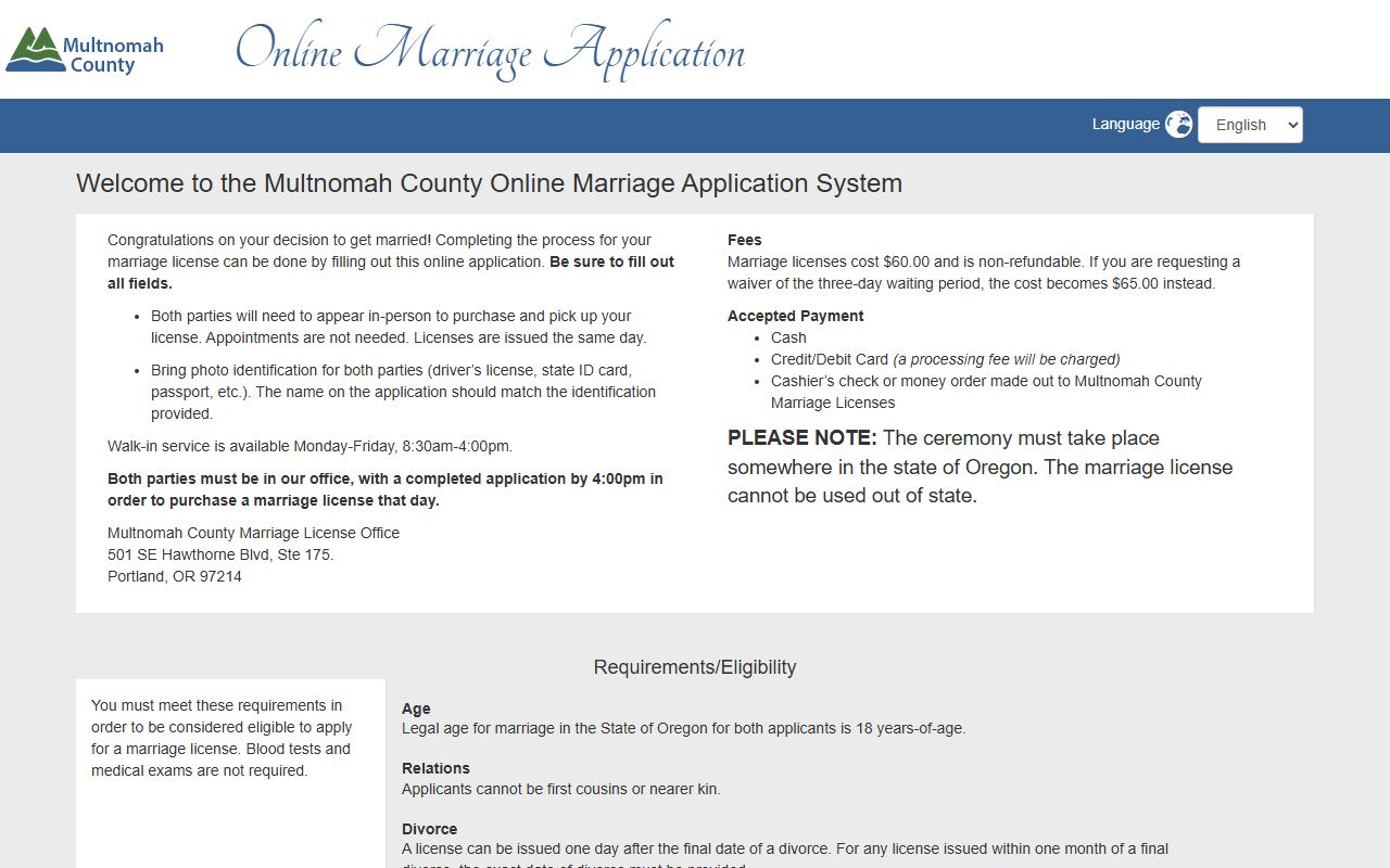 Multnomah County online marriage license application portal