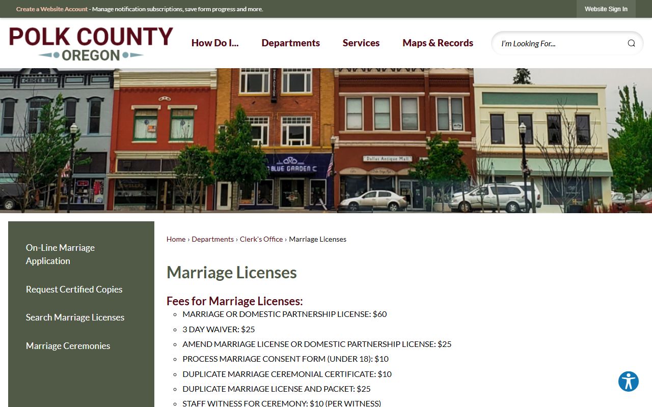 Polk County marriage license information page