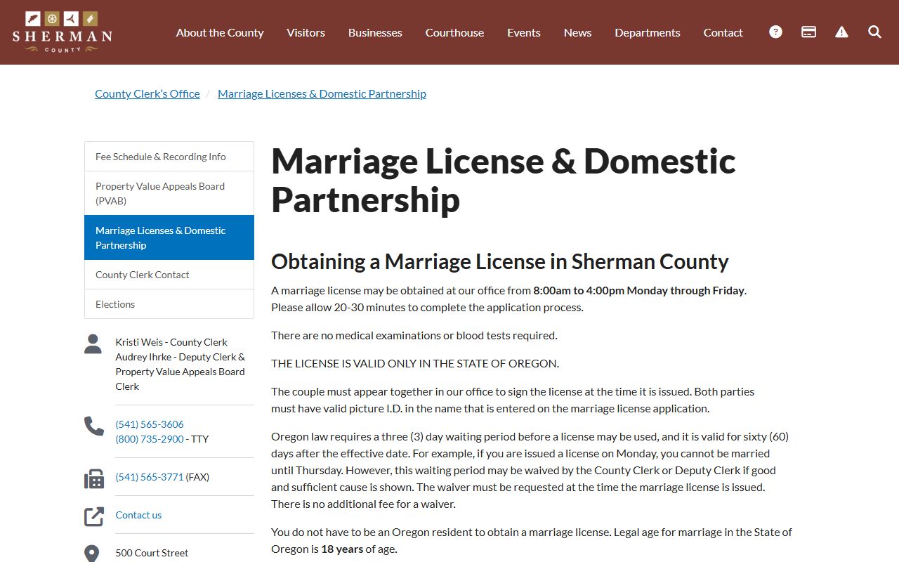 Sherman County marriage license and civil union information page