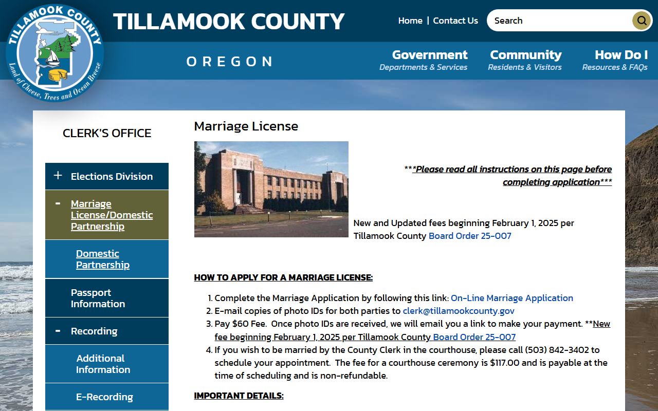 Tillamook County marriage license page on the clerk website