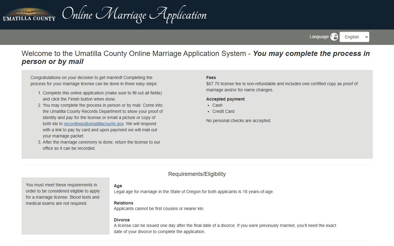 Umatilla County online marriage license application portal