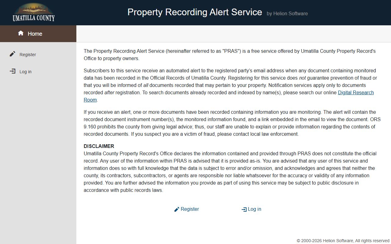 Umatilla County PRAS alert service for recorded documents