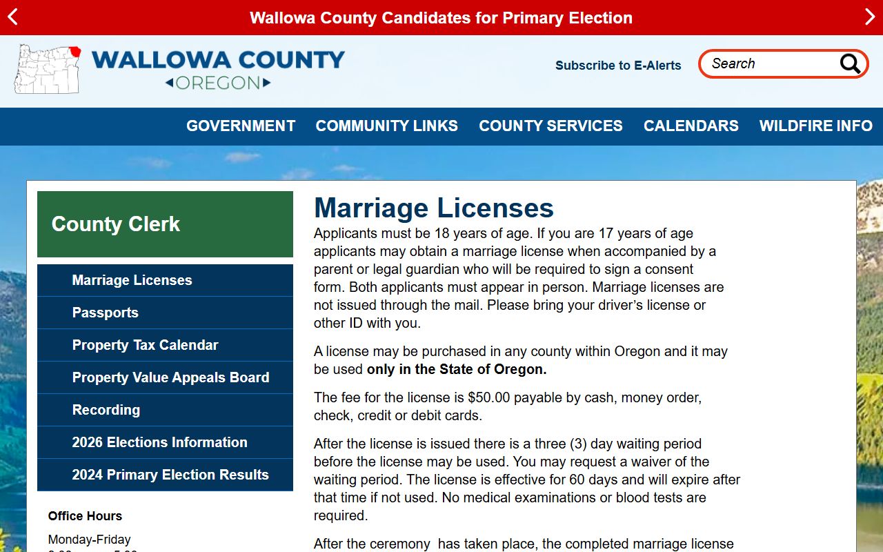 Wallowa County marriage license page for records in Enterprise