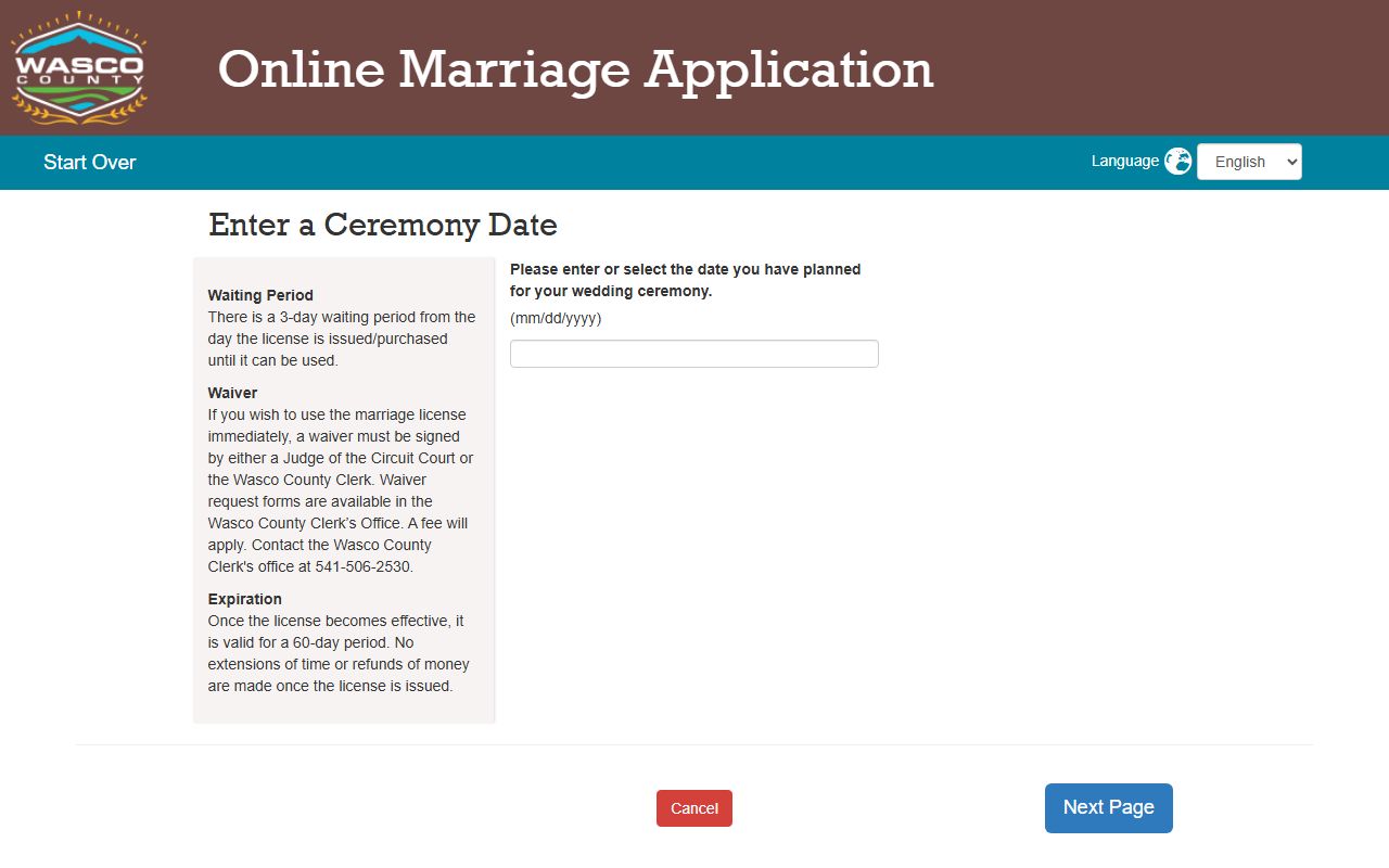 Wasco County online marriage license application portal