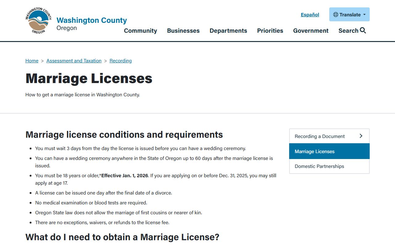 Washington County Clerk marriage license page for Tigard residents