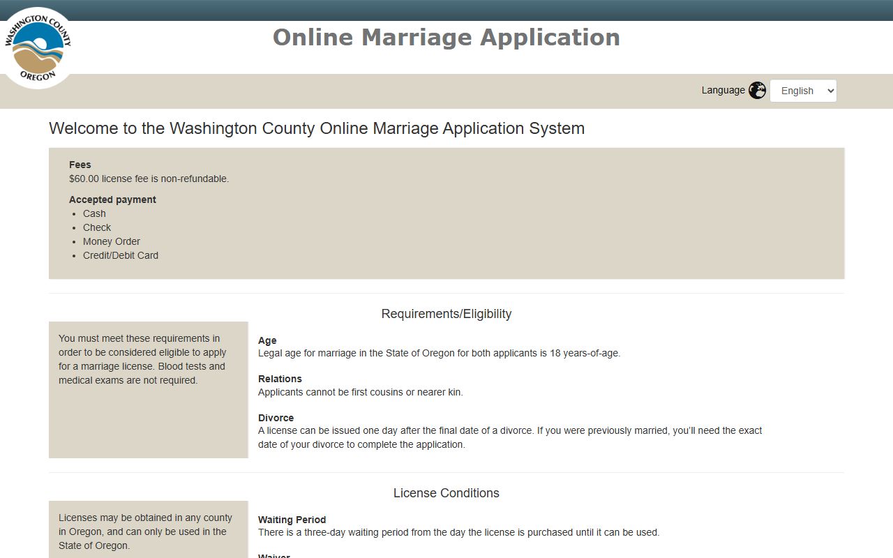 Washington County online marriage license application portal