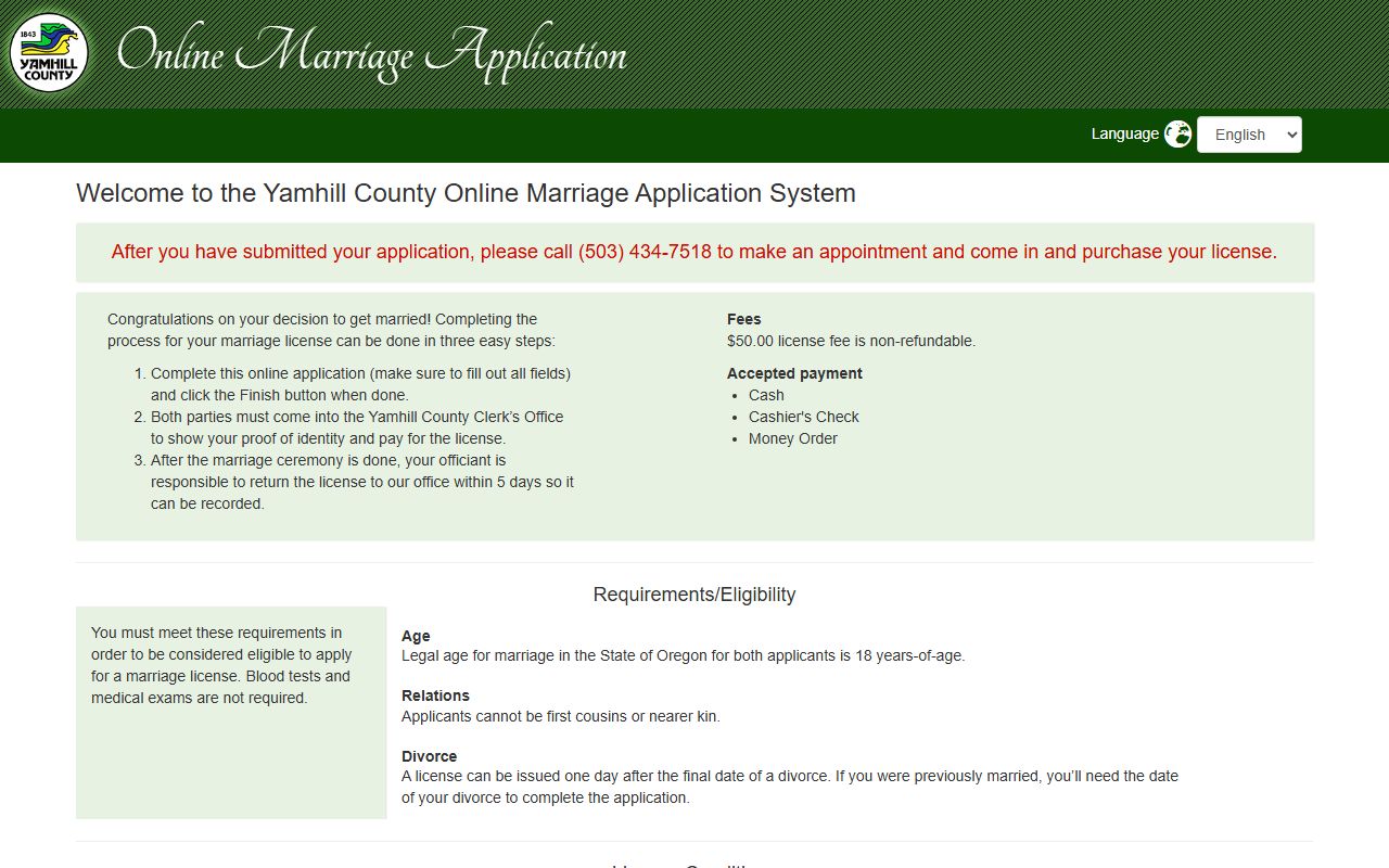 Yamhill County online marriage license application portal