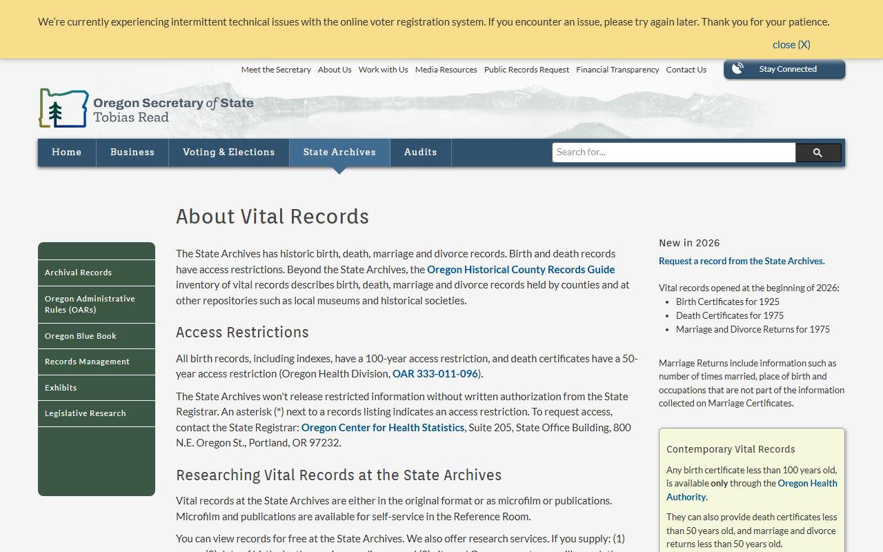 Oregon State Archives vital records for marriage license research
