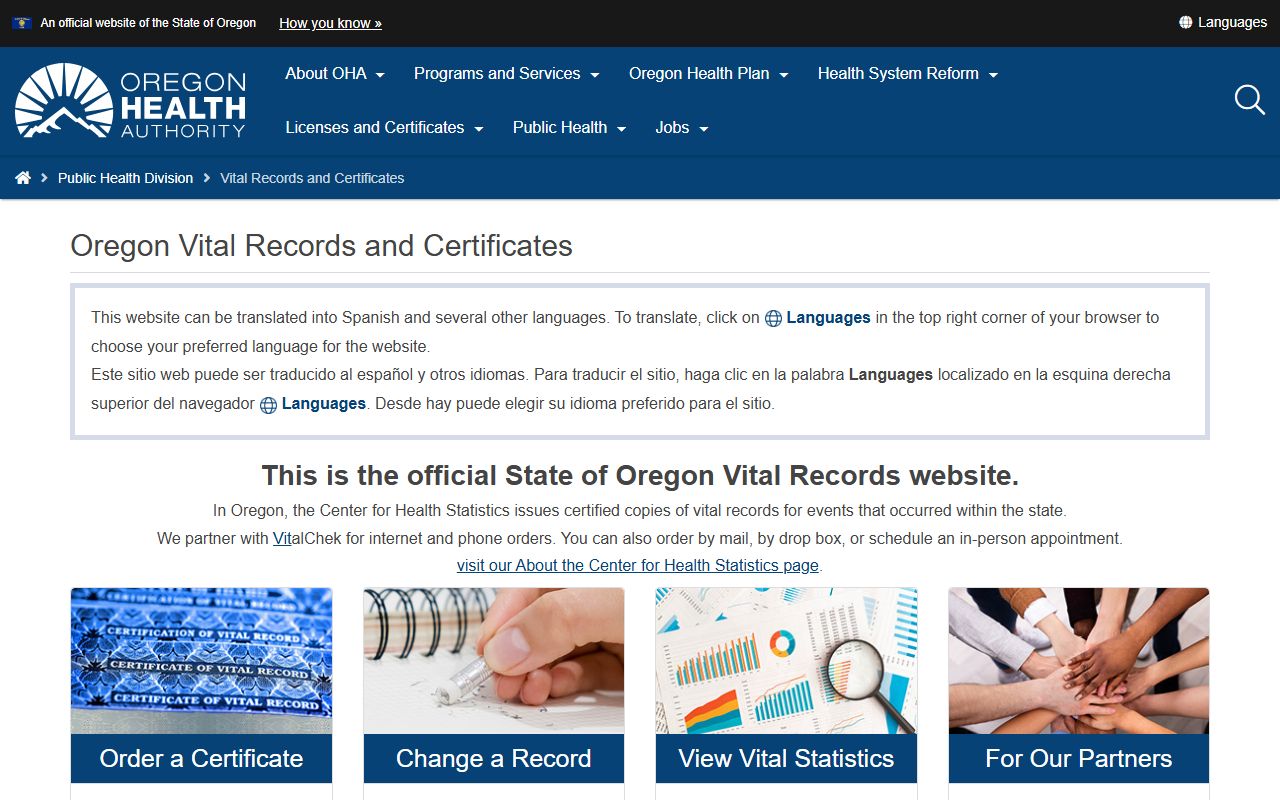 Oregon Vital Records main page for marriage license information