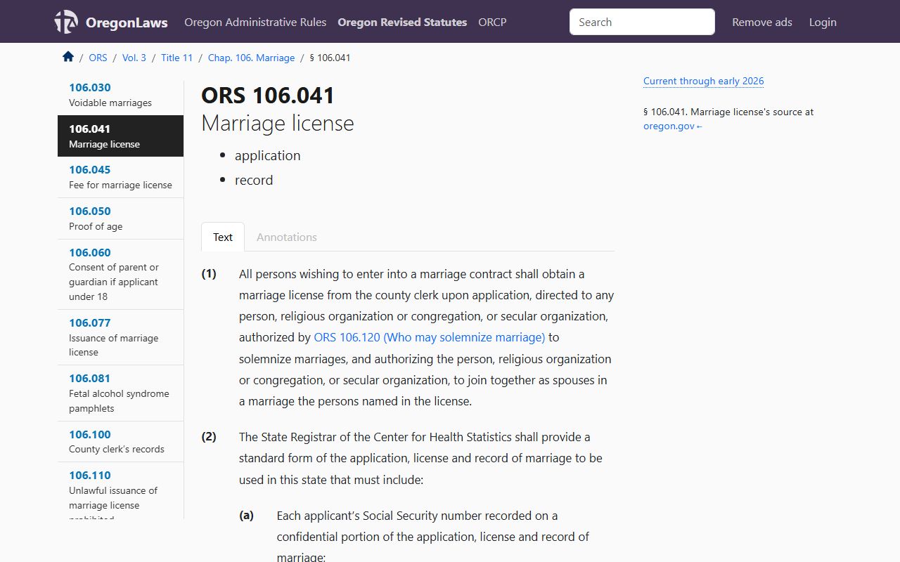 ORS 106.041 Oregon marriage license statute text