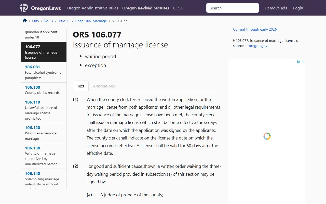 ORS 106.077 Oregon marriage license waiting period statute