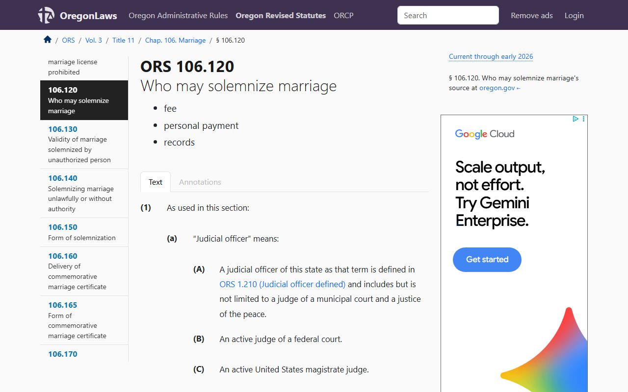 ORS 106.120 who may solemnize marriage in Oregon