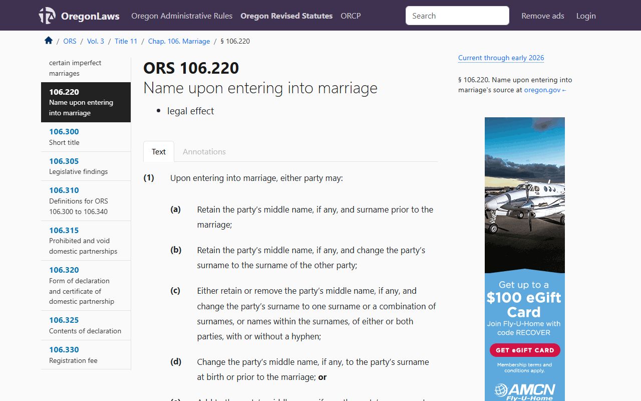 ORS 106.220 Oregon name change options upon marriage
